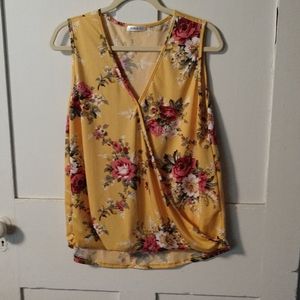 Yellow Rose Print Sleeveless Criss-Cross Front Top